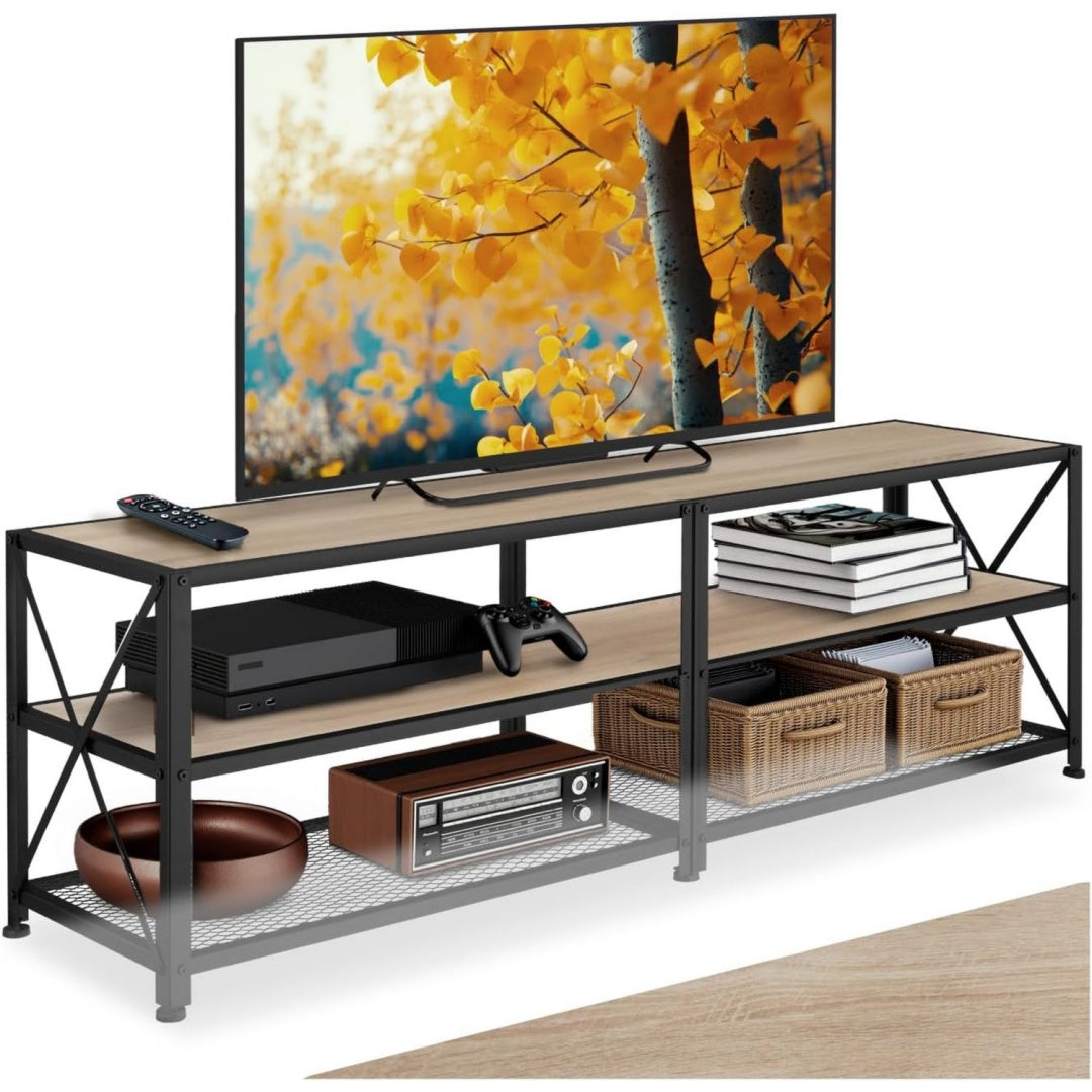 Meuble tele gris clair 3 etageres de rangement, bois ingenierie style industriel
