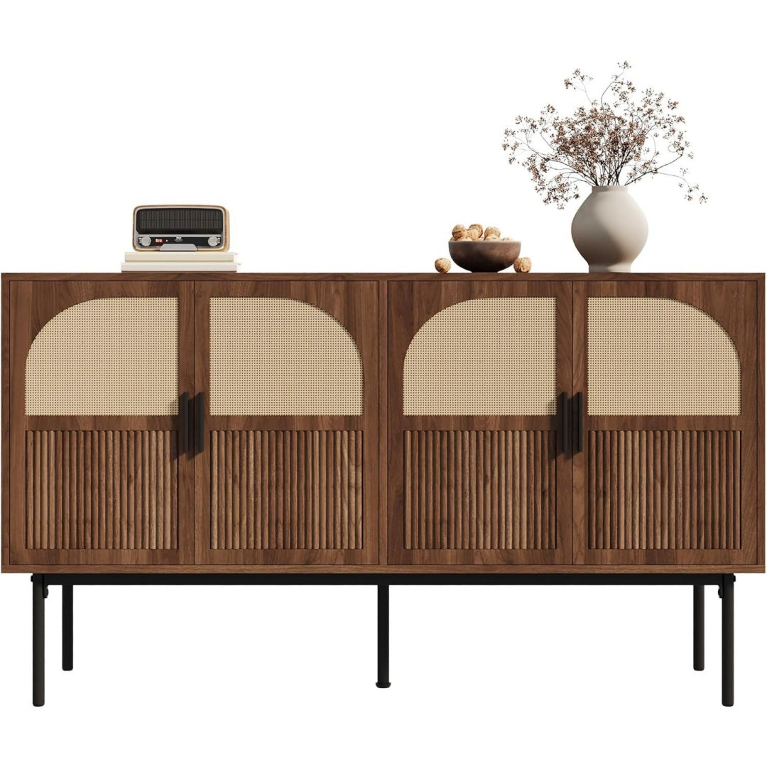 Buffet marron en rotin, design industriel, rangement optimise