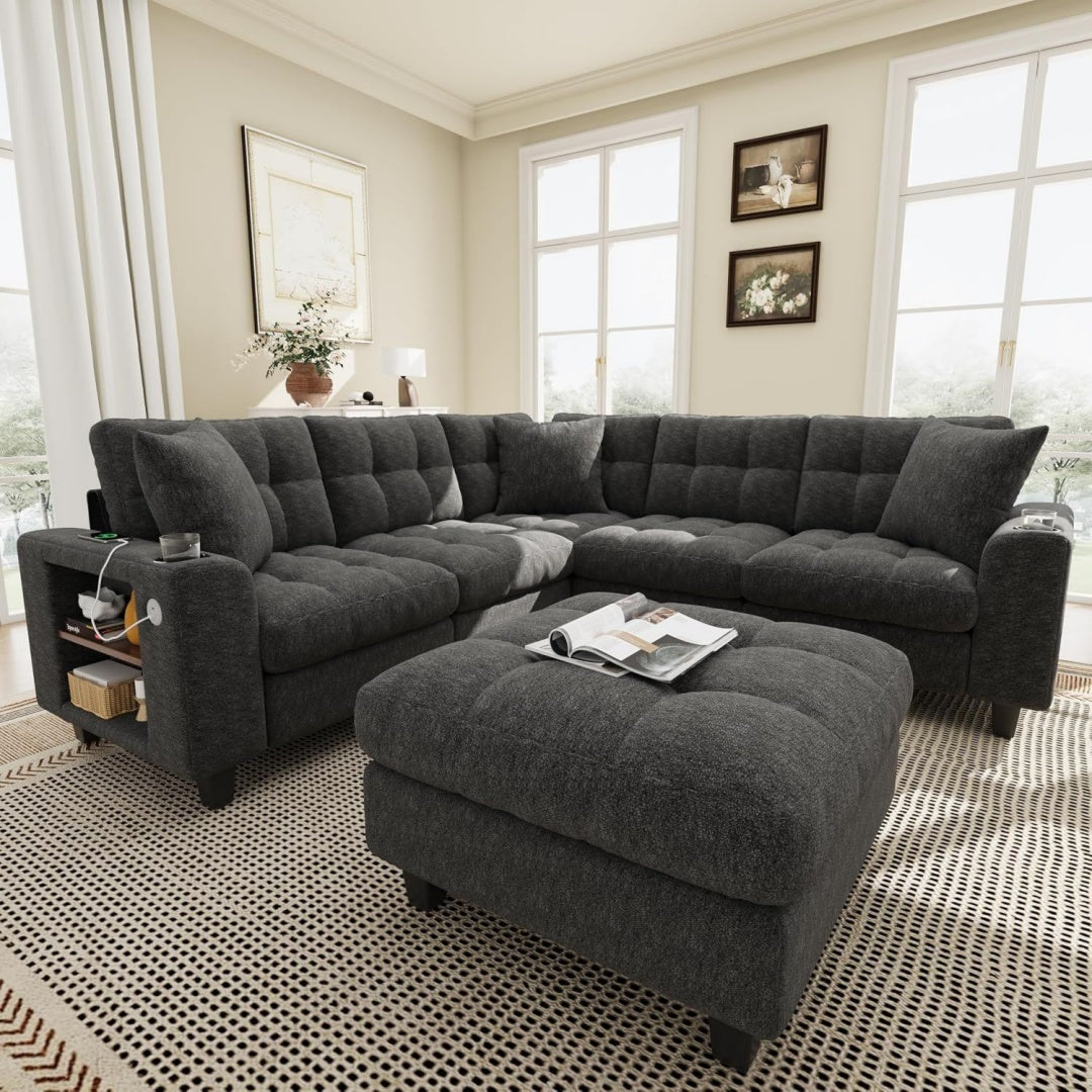 216.5 x 216.5 x 83 cm canape gris rembourre en tissu