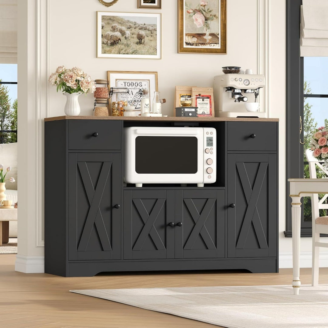 Rangement gris fonce, enfilade a 4 portes 2 tiroirs 2 etageres
