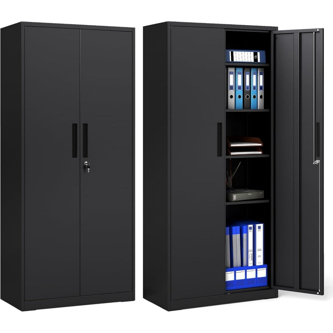 Armoire en acier gris fonce, etageres reglables, rangement pratique