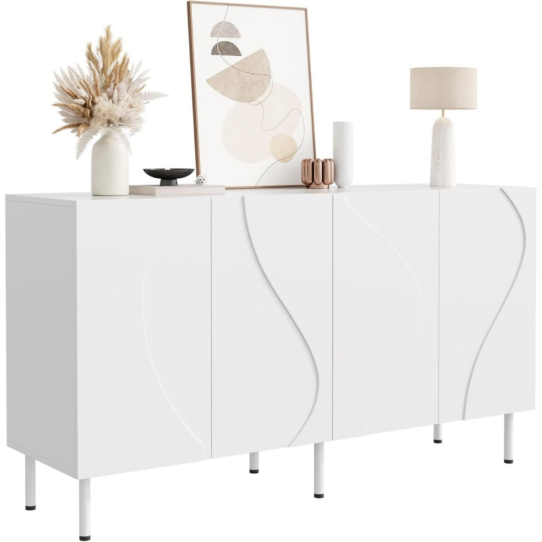 Tout est range, bahut gris clair en panneau de particules pieds metalliques