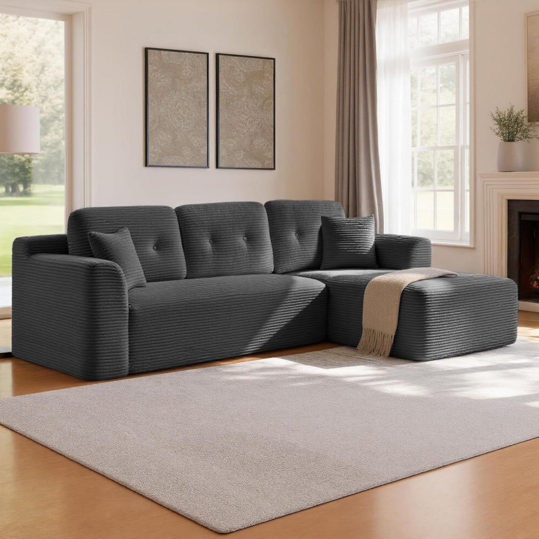 Canape gris velours 242 cm, rangement esprit retro